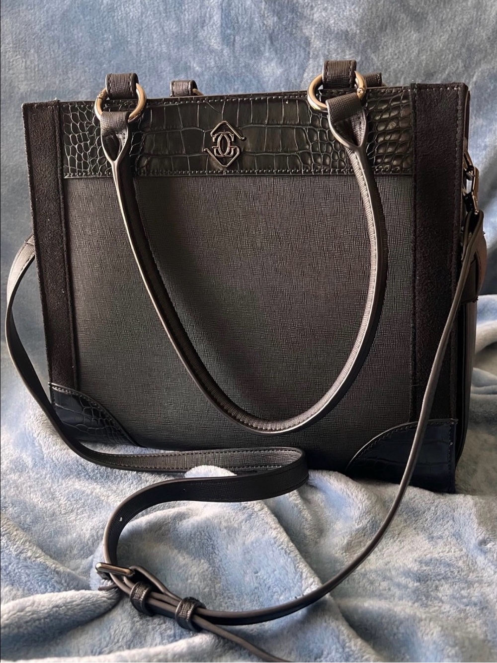 Black Structured Tote Bag with Croc Trim- Glass Ladder & Co.